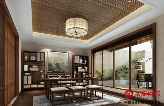 新中式风格别墅装修效果图 室内背景墙楼梯水景设计很亮眼 家家优保