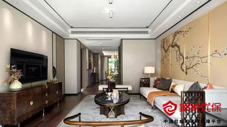 新中式风格装修效果图 吊顶黑色线条装饰室内背景墙很亮眼 家家优保